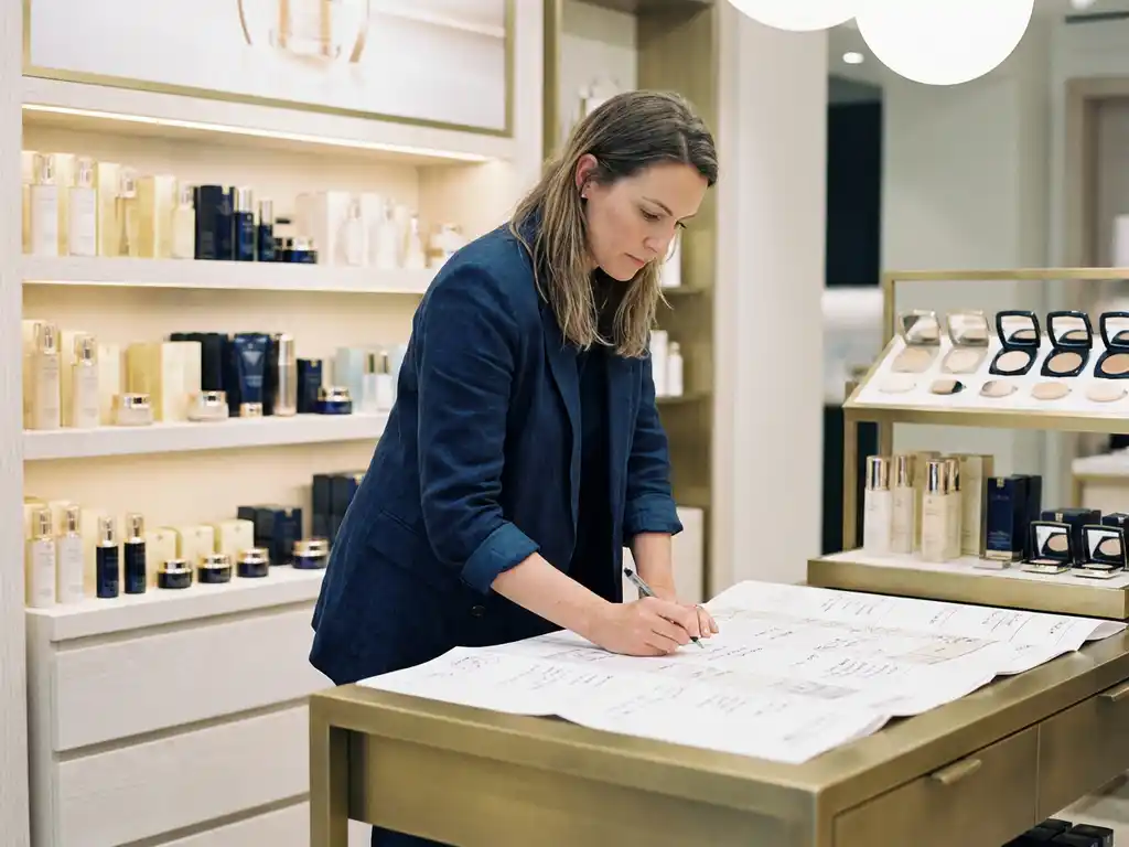 Retail buyer annotating a printed planogram over a white shelving unit displaying neatly arranged cosmetic products in a modern showroom.