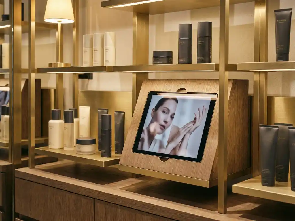 Premium cosmetic display on brushed metal shelving with a flush-mounted tablet showing brand campaign imagery, warm boutique lighting, gold accents.
