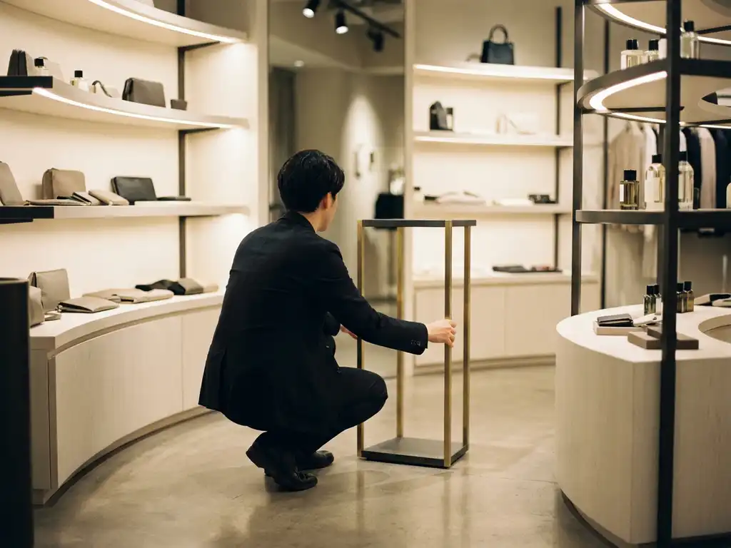 Retail designer crouching to adjust a floor fixture in a premium shop with curved display layouts, warm spotlights, and brushed brass accents.