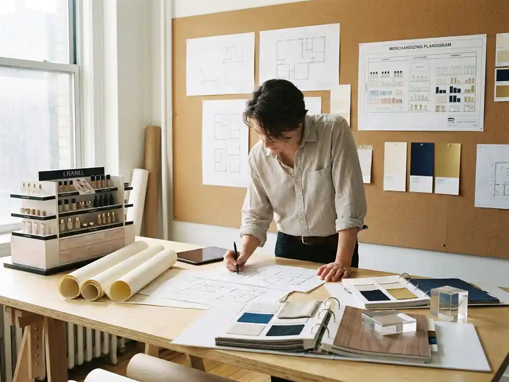 Retail display designer sketching fixture drawings at a studio workbench surrounded by material swatches, acrylic samples, and a cosmetics display scale model.