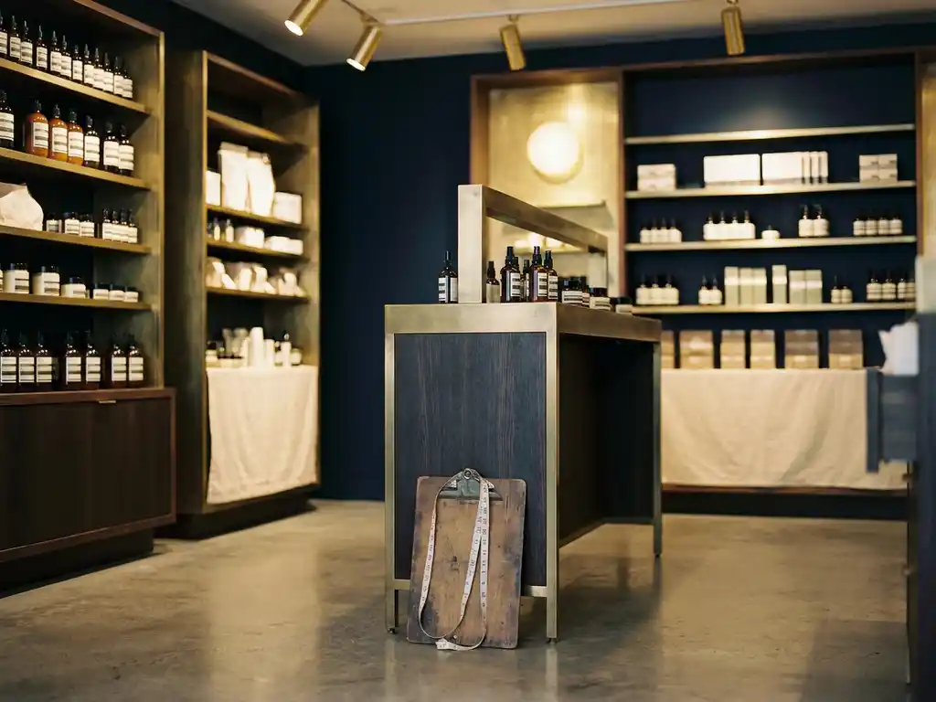 Retail display fixture on polished floor with clipboard and measuring tape at base, surrounded by premium beauty products under warm golden spotlights.