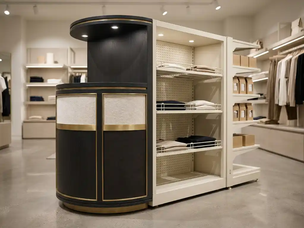 Retail display fixture with dual finishing treatments, premium brand materials on one side and functional shelving on the other, meeting seamlessly at centre.