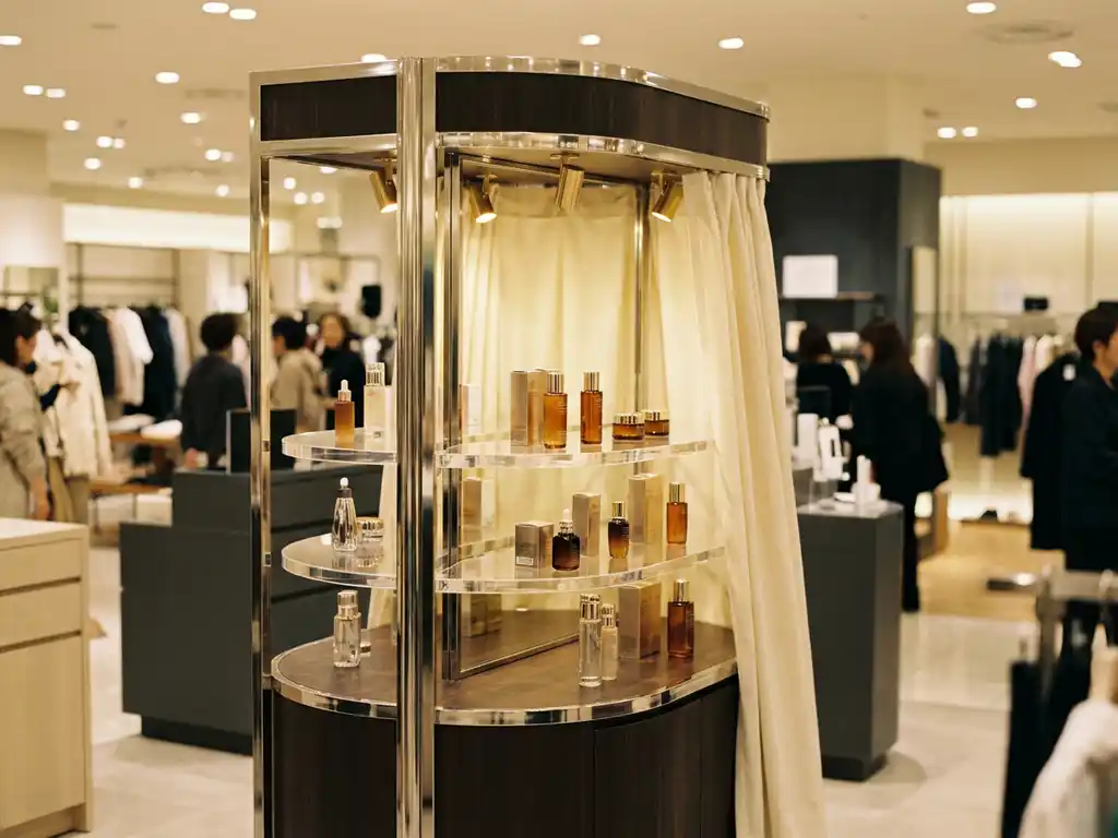 Retail display fixture unveiled in a department store with tiered acrylic shelving, product bottles catching warm spotlight glow.