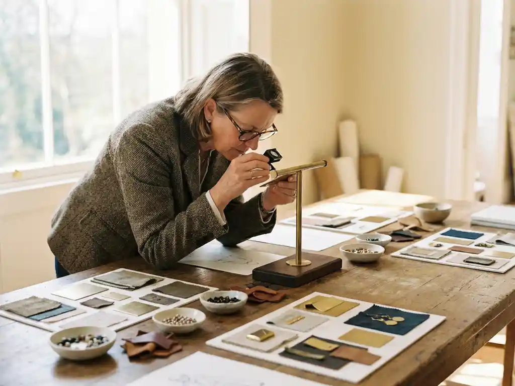 Retail professional inspecting a polished display fixture surrounded by material swatches and mood boards on a studio table.