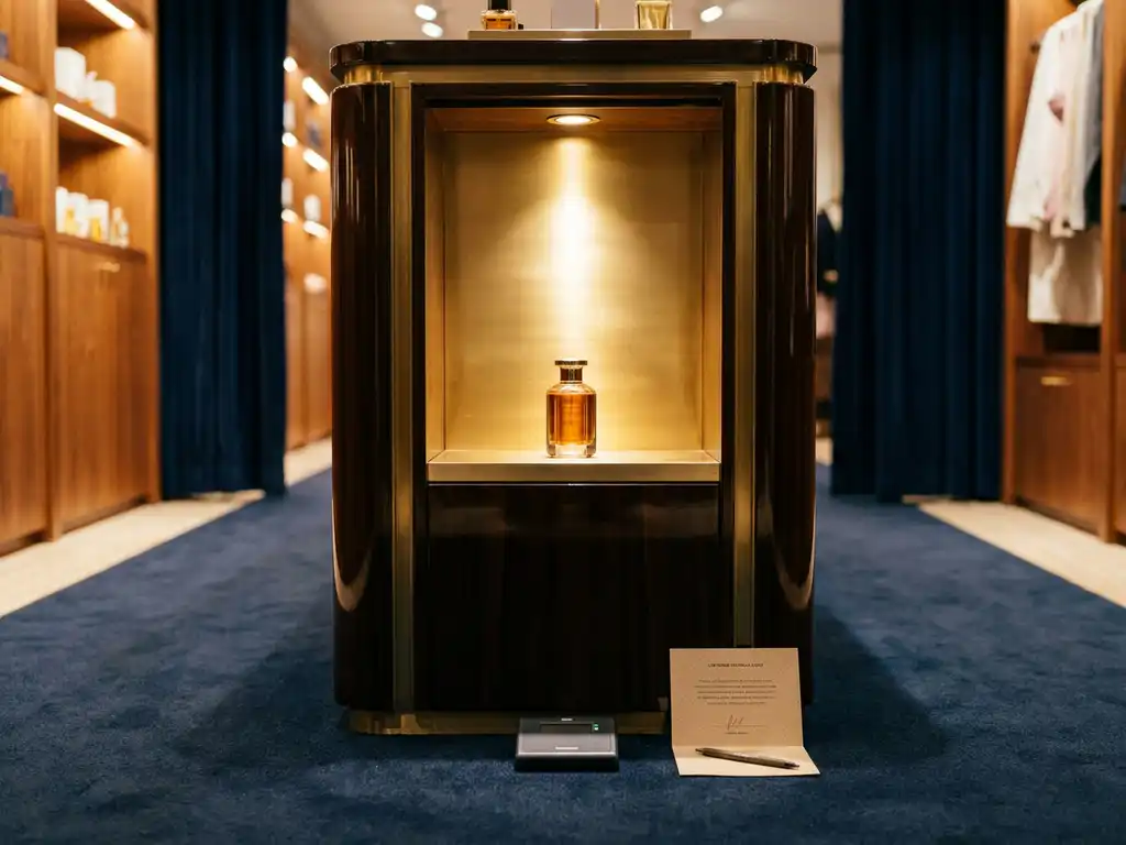 Premium product centered on a polished retail shelf with footfall counter and feedback card, warm amber lighting in upscale boutique aisle.
