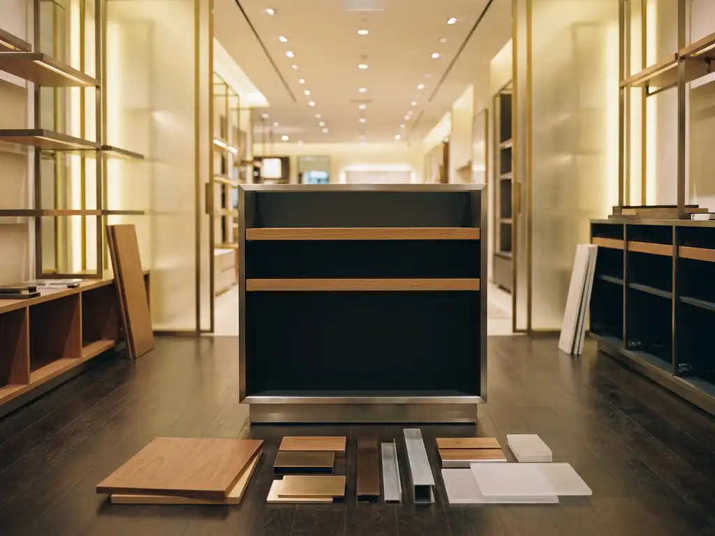 Retail display fixture in a premium store surrounded by modular shelving and sustainable material swatches in wood veneer, brushed metal, and frosted acrylic.