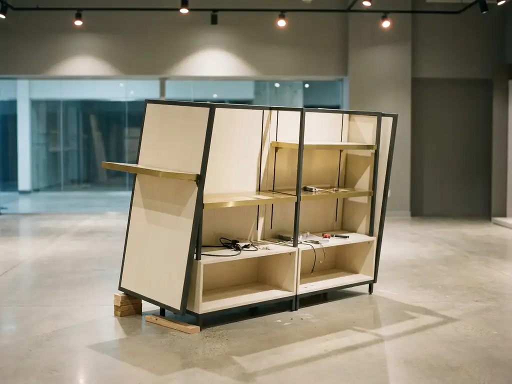 Half-assembled retail display fixture with misaligned shelves and empty gaps under warm spotlights on a sterile shop floor.