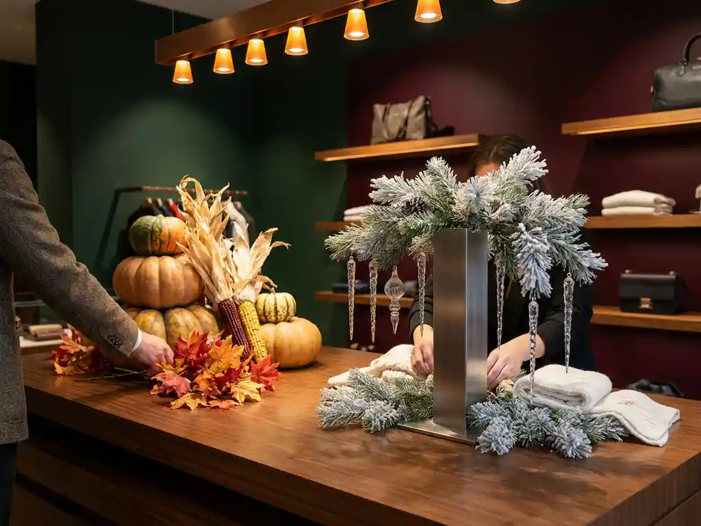 Retail display fixture transitioning from autumn harvest decor to winter frost arrangements, lit by warm amber spotlights in a premium store.