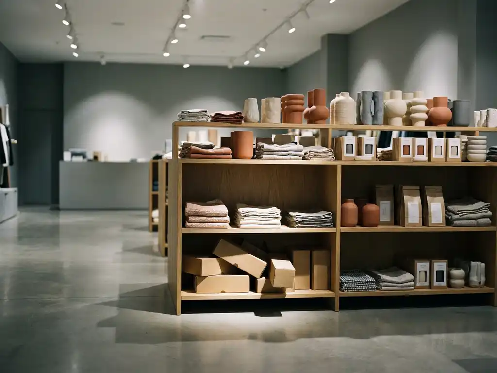 Cluttered retail shelf with mismatched product heights and a misaligned spotlight casting harsh shadows in a modern grey and terracotta shop.