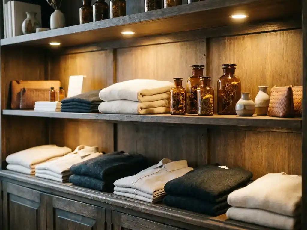 Styled retail display shelf with folded garments, glass bottles, and props lit by warm golden spotlights highlighting wood, glass, and fabric textures.