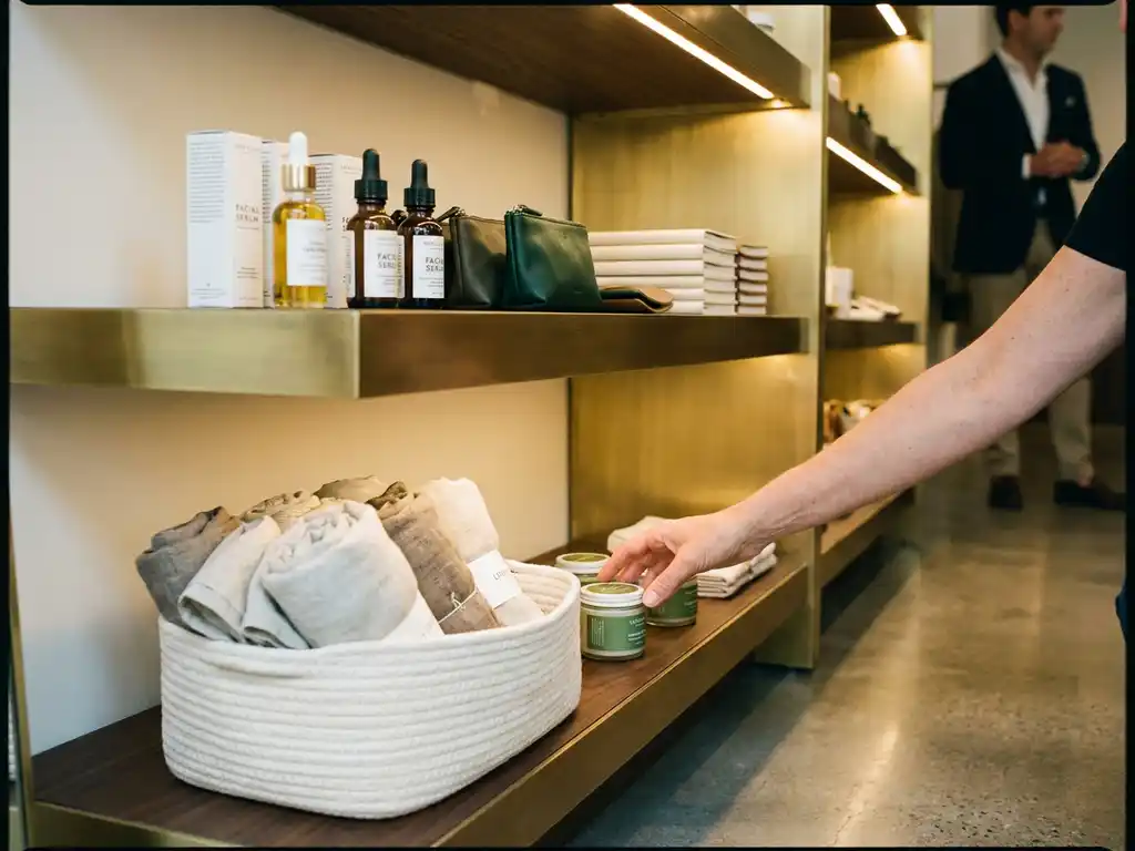 Shopper reaching toward a skincare product on a modern retail display with complementary lifestyle items in warm cream and forest green tones.