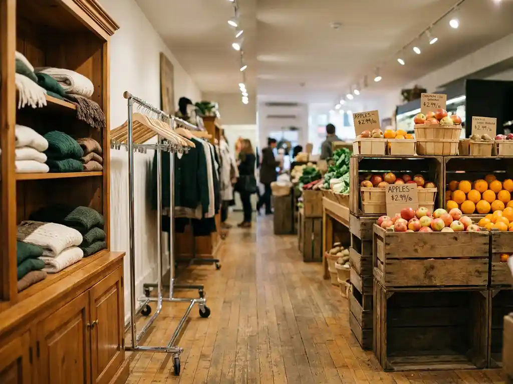 Retail floor blending a warm wooden fashion display and chrome clothing rail with a fresh produce section, unified by cream and forest green tones under warm spotlighting.