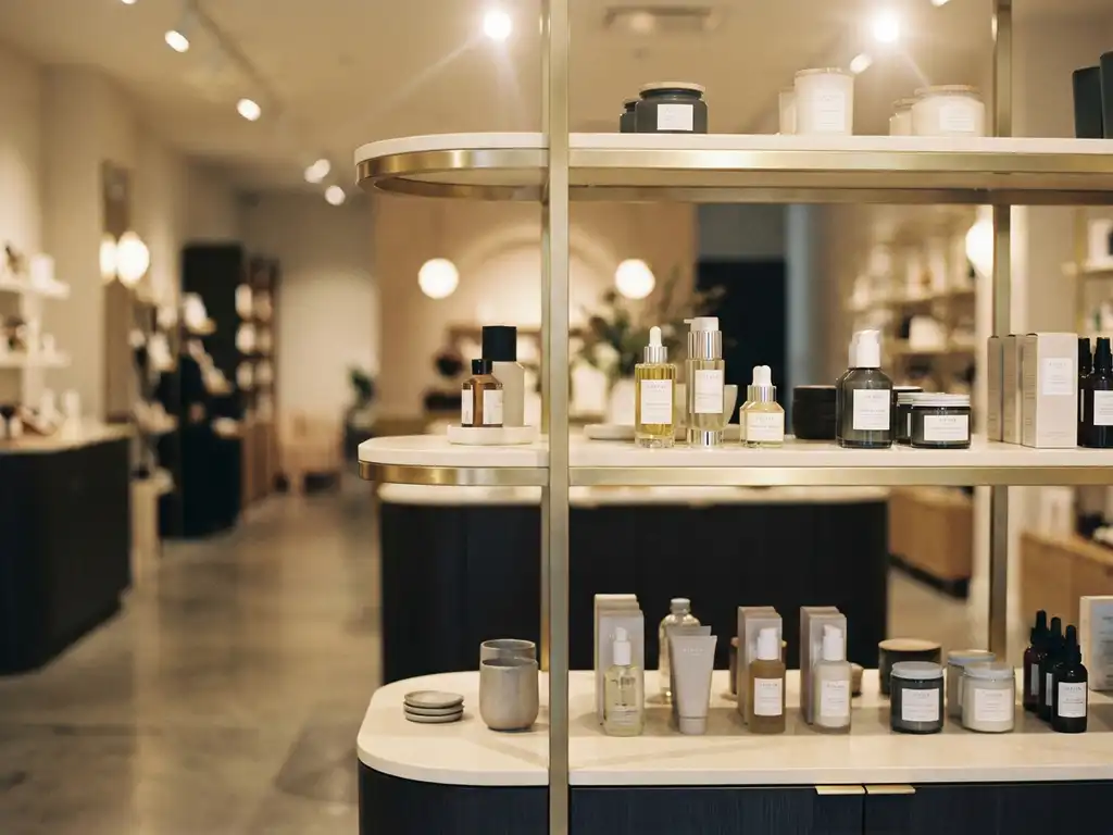 Tiered retail fixture displaying premium beauty and lifestyle products at eye level, warm cream and charcoal tones with brushed gold accents.