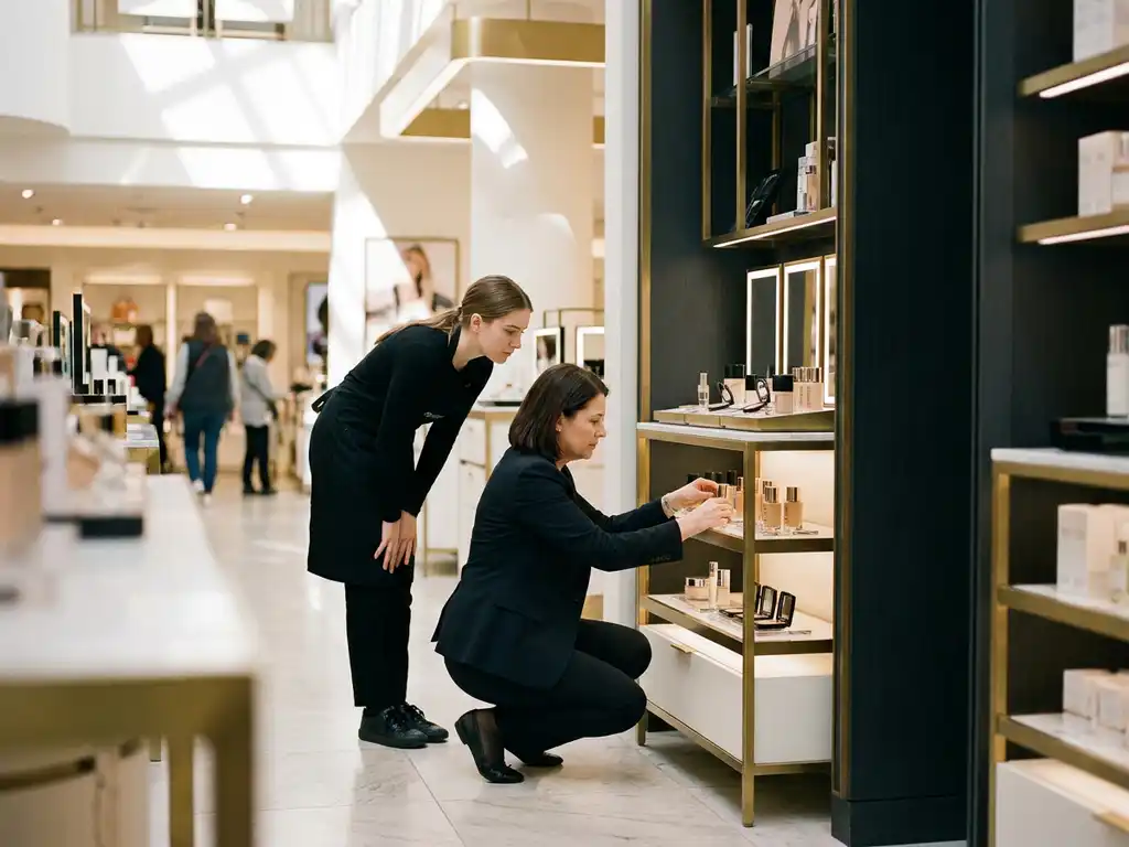 Retail manager kneeling at a cosmetics display teaching a trainee product arrangement in a premium department store.