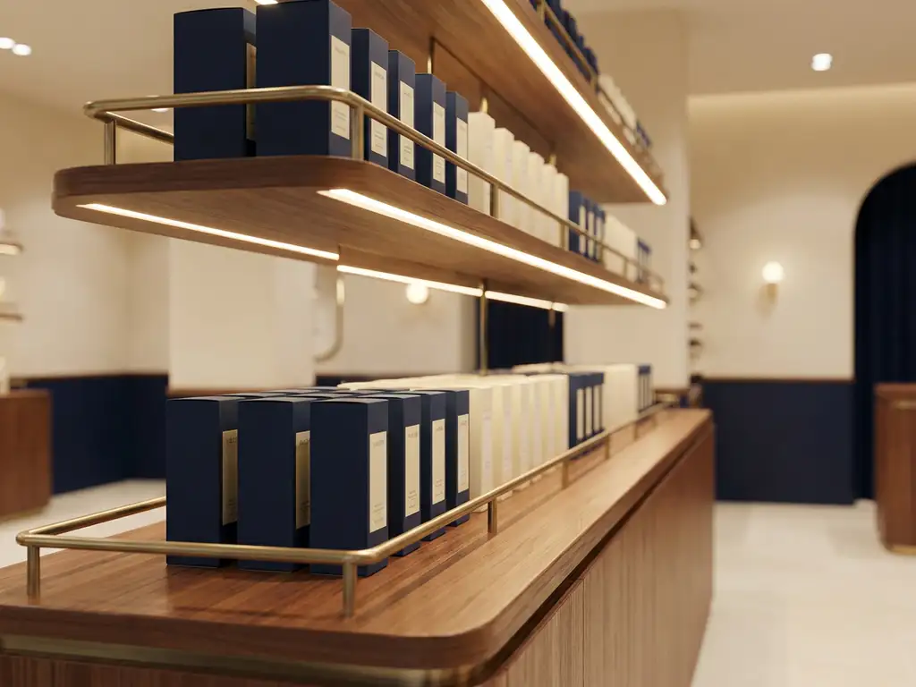 Retail shelf with uniform product displays in warm cream and navy tones, brushed brass accents, and polished wooden fixtures under soft natural lighting.
