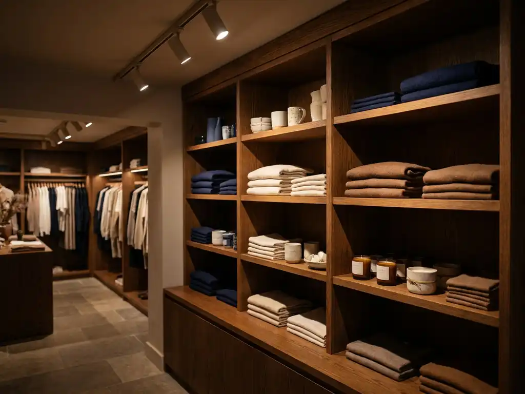 Color-coordinated retail shelf display on warm oak fixture, spotlit hero products at eye level in navy and cream boutique setting.