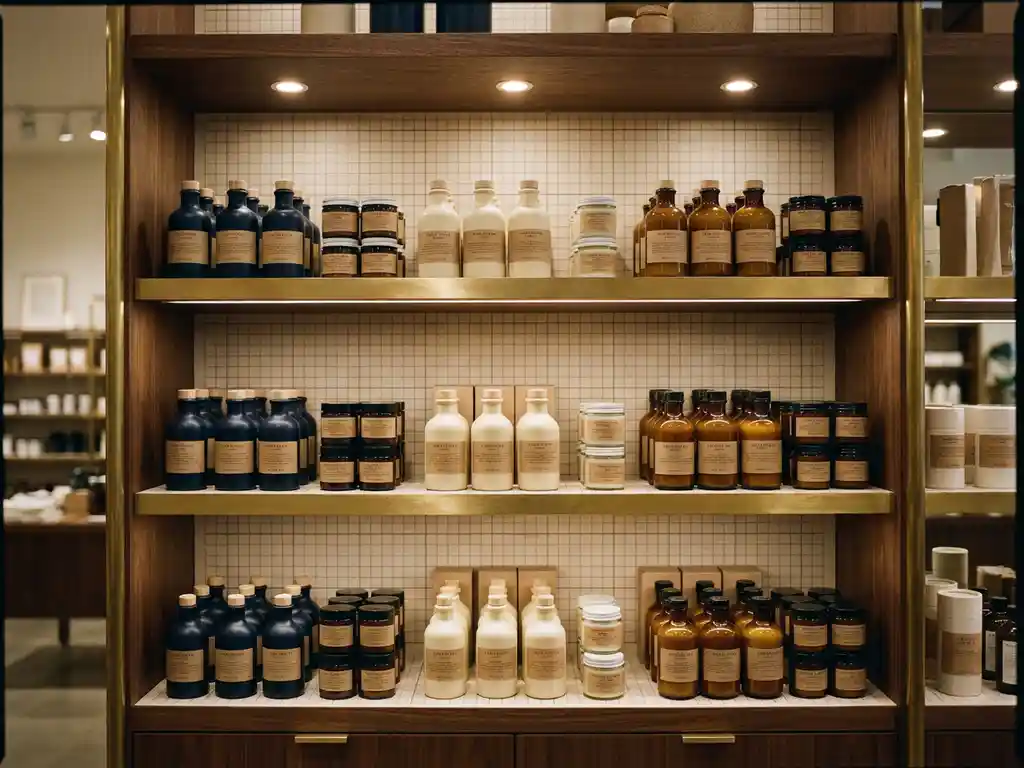 Retail shelf display with symmetrically arranged products grouped by color and size under warm amber lighting against navy and cream tones.
