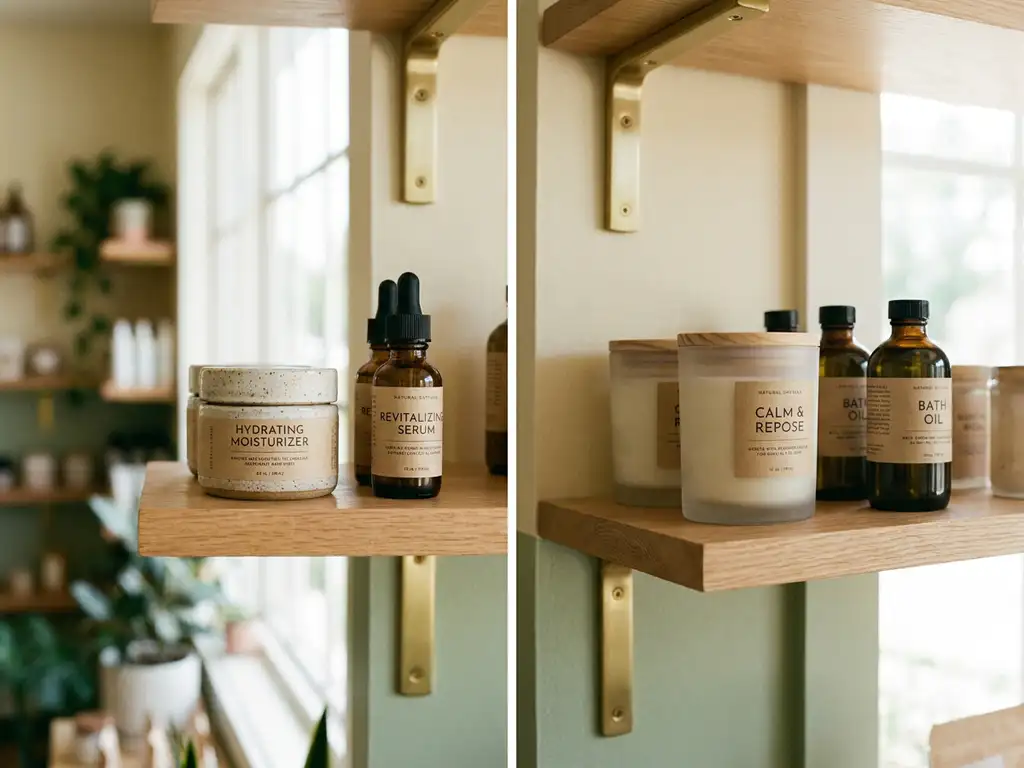 Retail boutique shelf displaying clustered skincare and wellness products, including moisturiser, serum, candle, and bath oils, in warm cream and sage green tones.