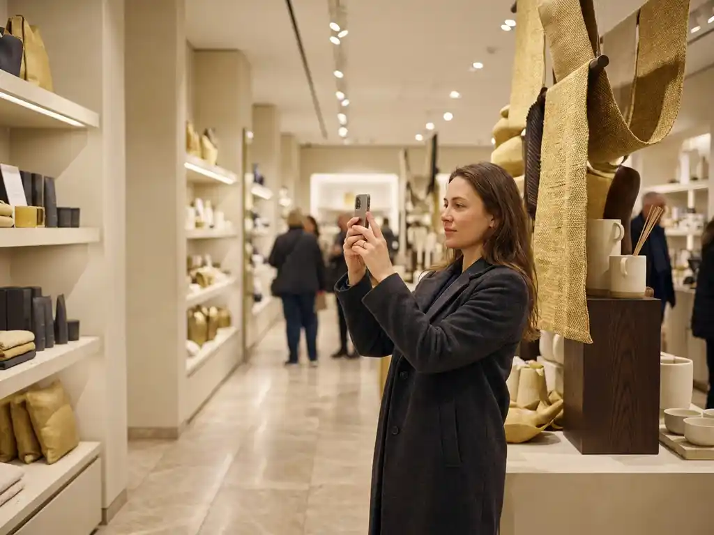 Shopper photographing a sculptural retail display under warm spotlights in a premium UK store with polished floors and gold-toned product arrangements.