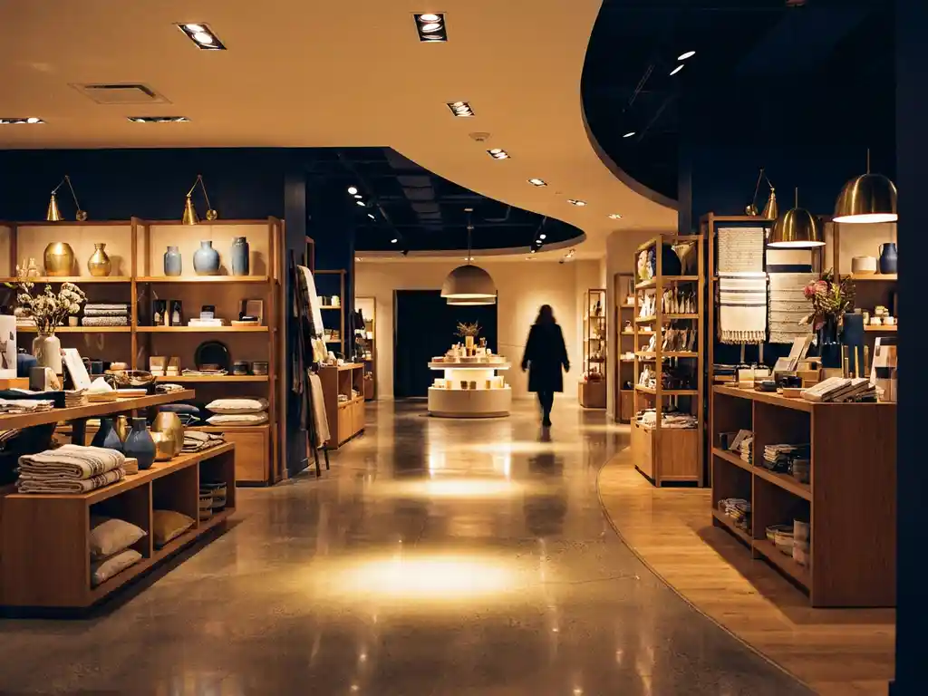 Curved retail aisle with warm amber lighting guiding a lone shopper toward a hero product display, polished floor reflecting overhead spotlights.
