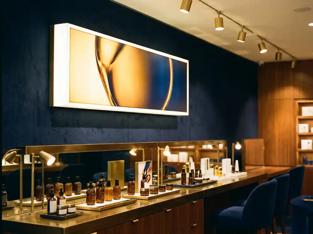 Luxury cosmetics counter with illuminated billboard display above, warm amber spotlights highlighting premium beauty products on polished navy fixtures.