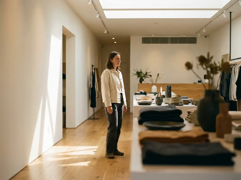 Shopper pausing in a bright retail store entrance with warm timber floors, white walls, and golden overhead lighting leading toward a curated display.