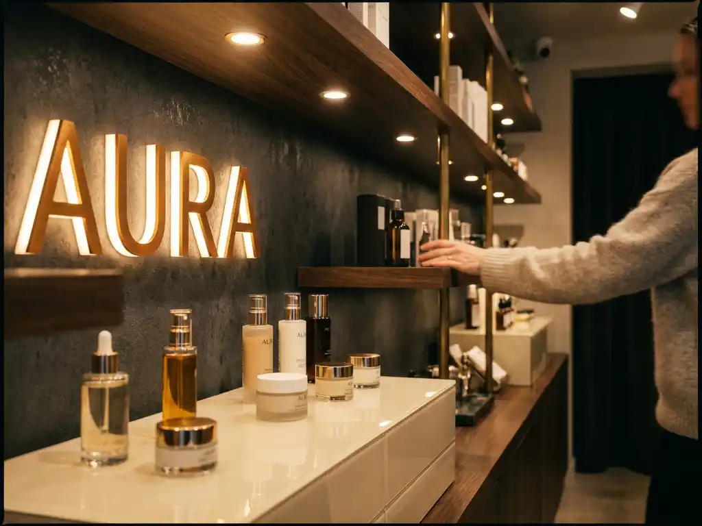 Premium retail store interior with backlit product display, warm amber spotlights on glossy fixtures, and a shopper browsing shelves in soft focus.