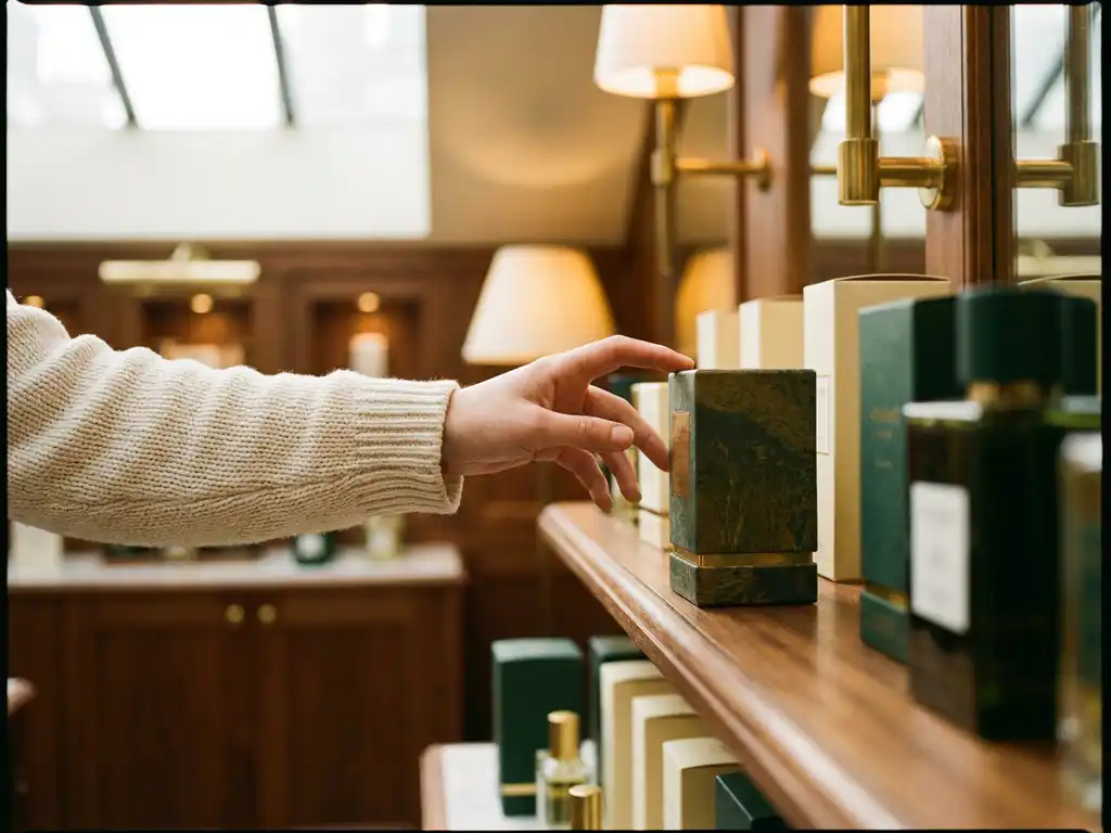 Shopper touching premium product packaging at an elegant boutique display with brass accents and forest green shelving in warm lighting.