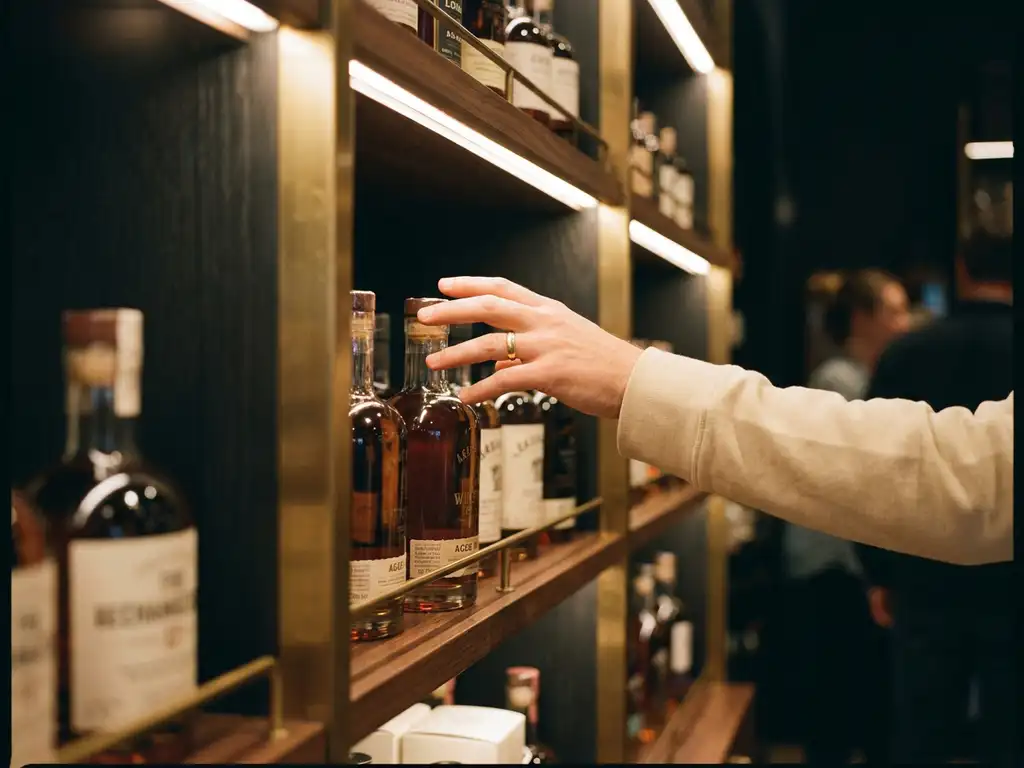 Shopper's hand hovering over a premium product on a warmly lit retail shelf, capturing a moment of purchase decision.
