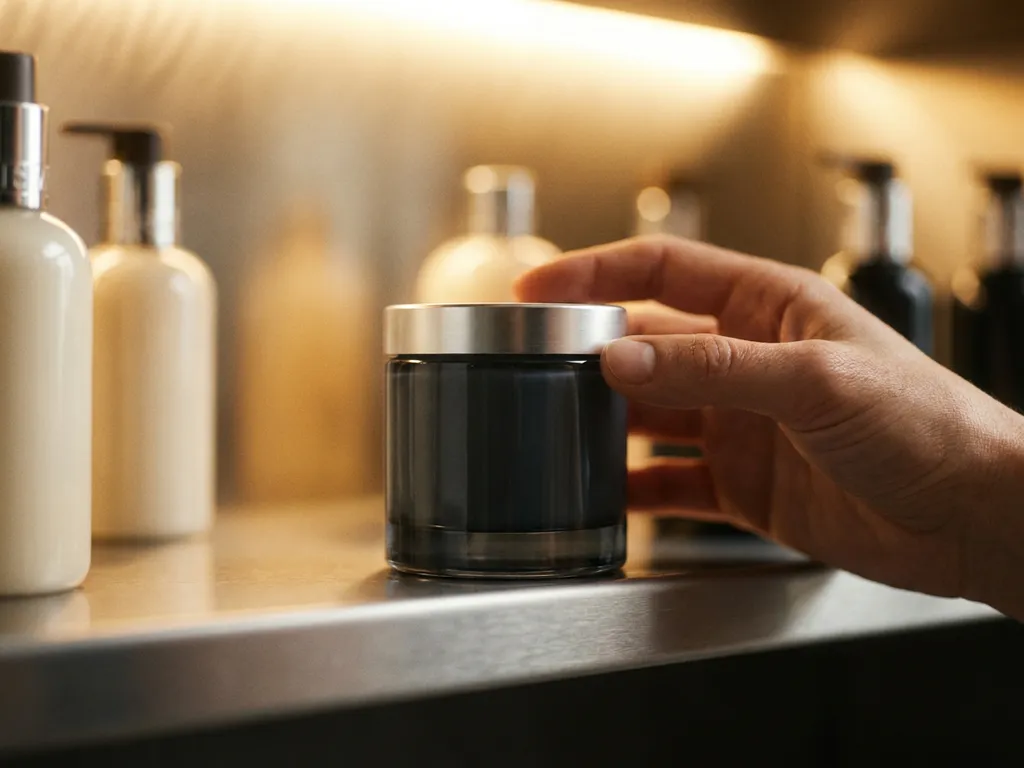 Hand reaching for a premium skincare product on a retail shelf under warm golden lighting, with blurred surrounding products in soft bokeh.