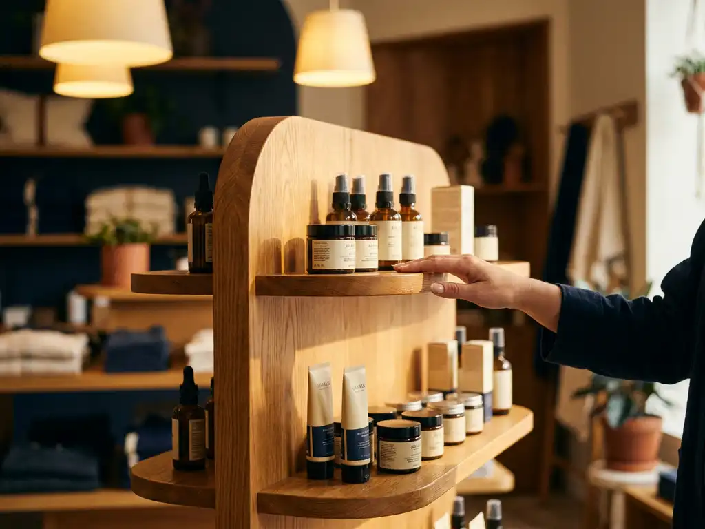Shopper's hand touching a polished oak retail display holding premium skincare products in a warmly lit boutique.