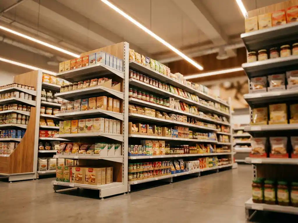 Double-sided gondola shelving stocked with colorful retail products in a modern supermarket aisle, shot from a low angle with warm overhead lighting.