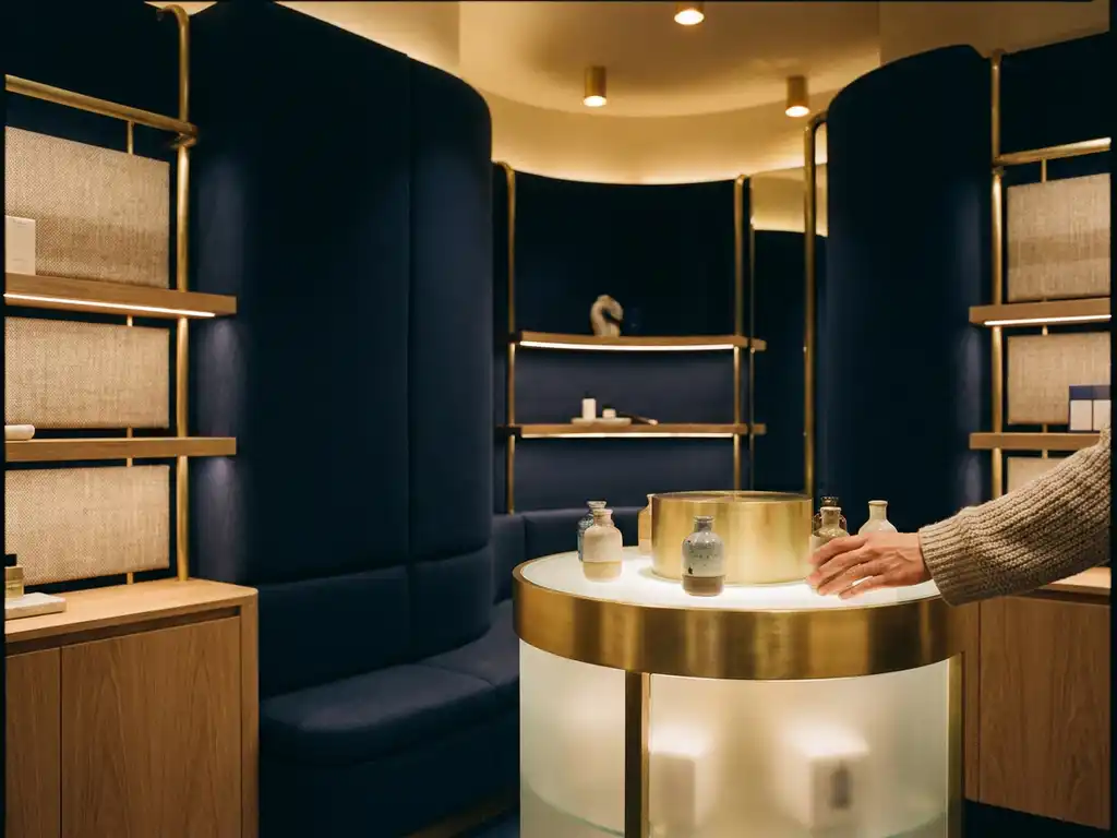 Shopper reaching toward a glowing retail product display surrounded by brass fixtures, navy tones, and warm ambient spotlights.