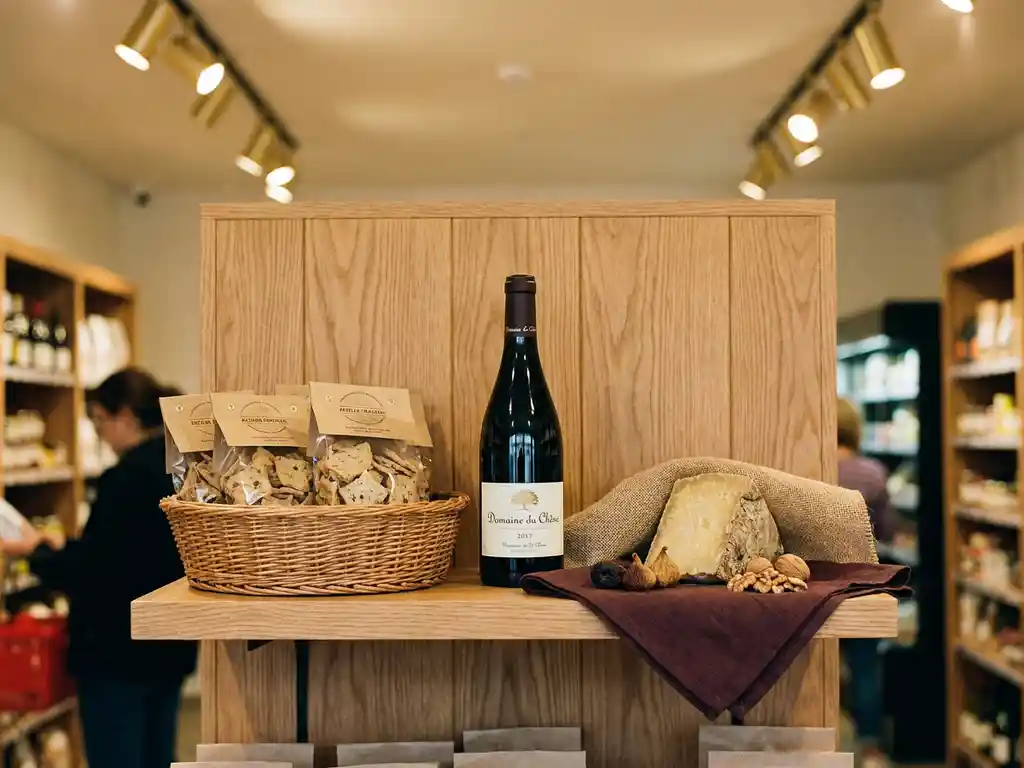 Wine bottle displayed on oak retail shelf alongside artisan crackers, aged cheese, and folded linen napkin in warm burgundy and cream tones.