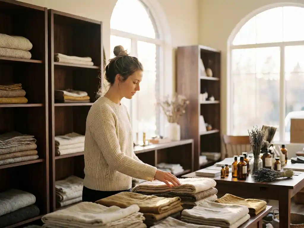 Woman touching textured fabric display in a warmly lit boutique with wooden fixtures and golden-hour light streaming through tall windows.