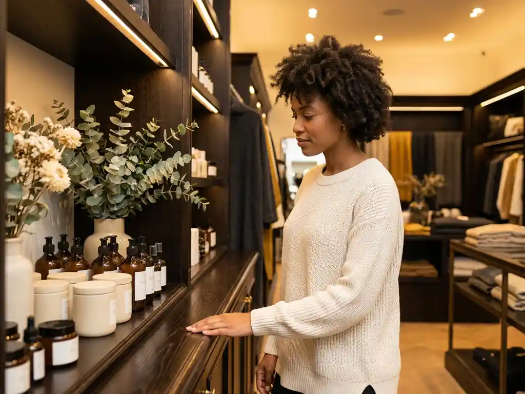 Woman browsing a premium skincare display in a warmly lit boutique, fingertips touching a wooden fixture beside glass bottles and fresh botanicals.