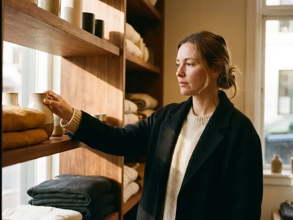Woman browsing a warmly lit retail display, fingertips touching product shelf amid timber fixtures and cream and amber tones.