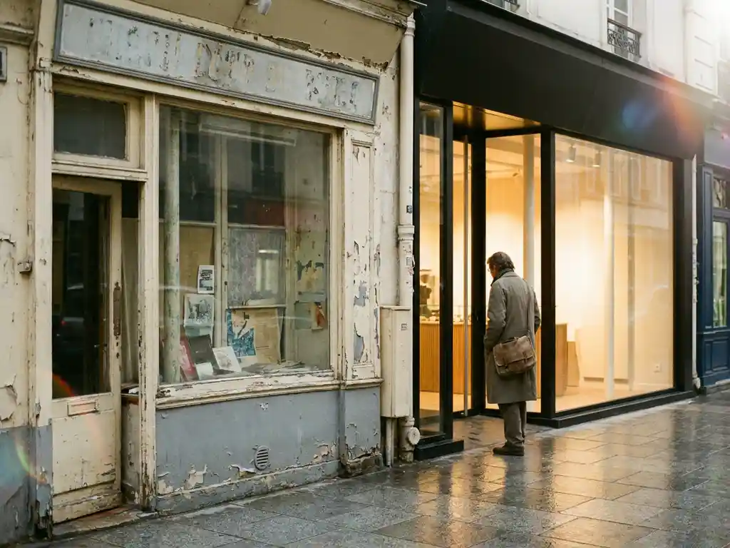 Shopper pausing at the entrance of a worn storefront beside a brightly renovated interior, warm golden light spilling onto grey pavement.