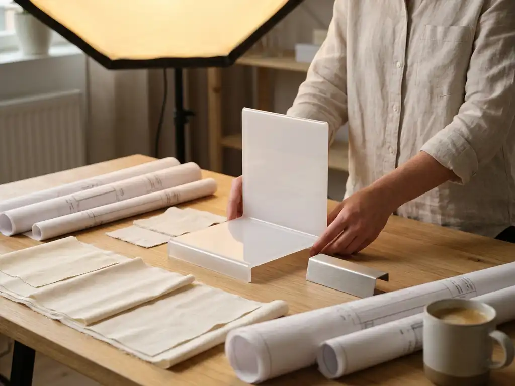 Designer's hands positioning a white acrylic display unit prototype on a workbench beside CAD sketches, material swatches, and brushed silver metalwork sample.