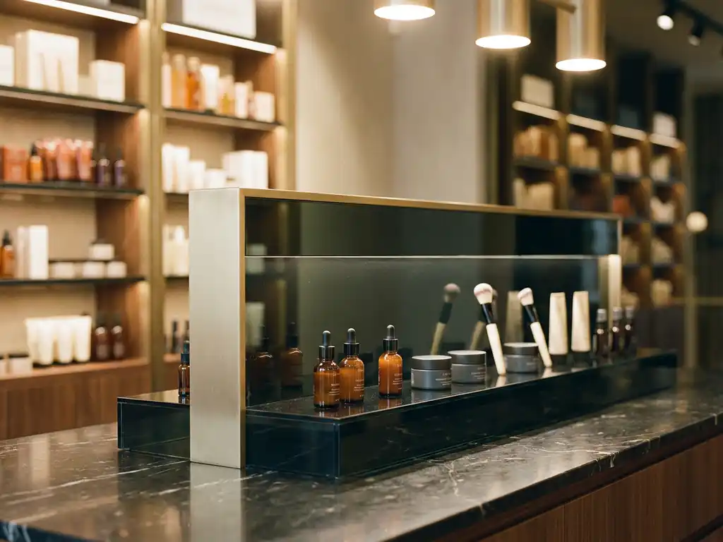 Premium beauty products displayed on a marble countertop in a luxury retail interior with warm gold tones and soft spotlight lighting.