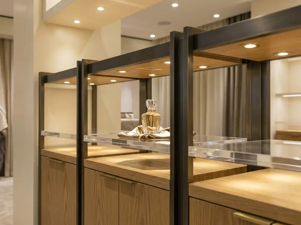 Luxury boutique retail display with polished acrylic shelves, warm oak joinery, and brushed metal accents under soft golden spotlights.