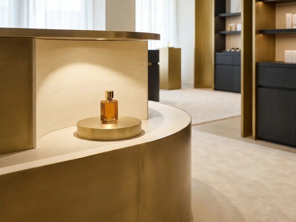 Luxury boutique display with a single product on a minimal ivory plinth, bathed in warm spotlight against a cream and charcoal interior.