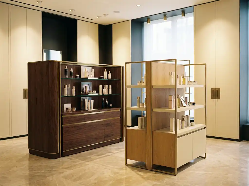 Permanent wooden and modular temporary cosmetic display fixtures on marble flooring in a luxury retail store with brushed gold accents.