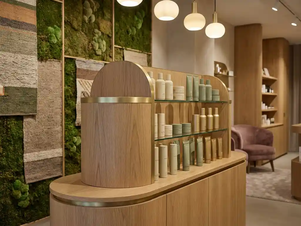 Minimalist luxury cosmetics displayed on a light wood and brushed metal retail fixture surrounded by living moss wall panels in a boutique interior.