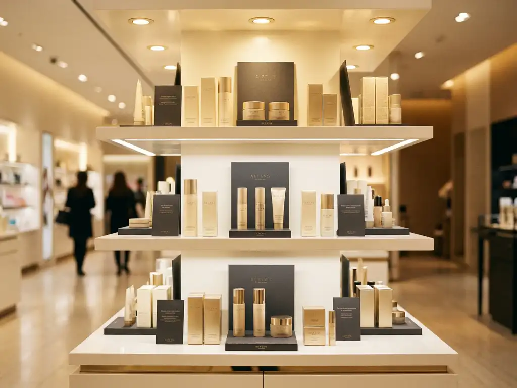 Luxury cosmetic display with symmetrically arranged premium products on polished white shelving, lit by warm golden spotlights in an upscale retail aisle.