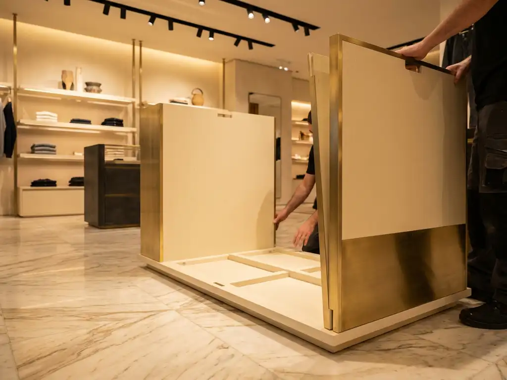 Flat-pack display unit mid-assembly on marble floor in a luxury boutique, modular brass and ivory panels slotting together under warm spotlights.