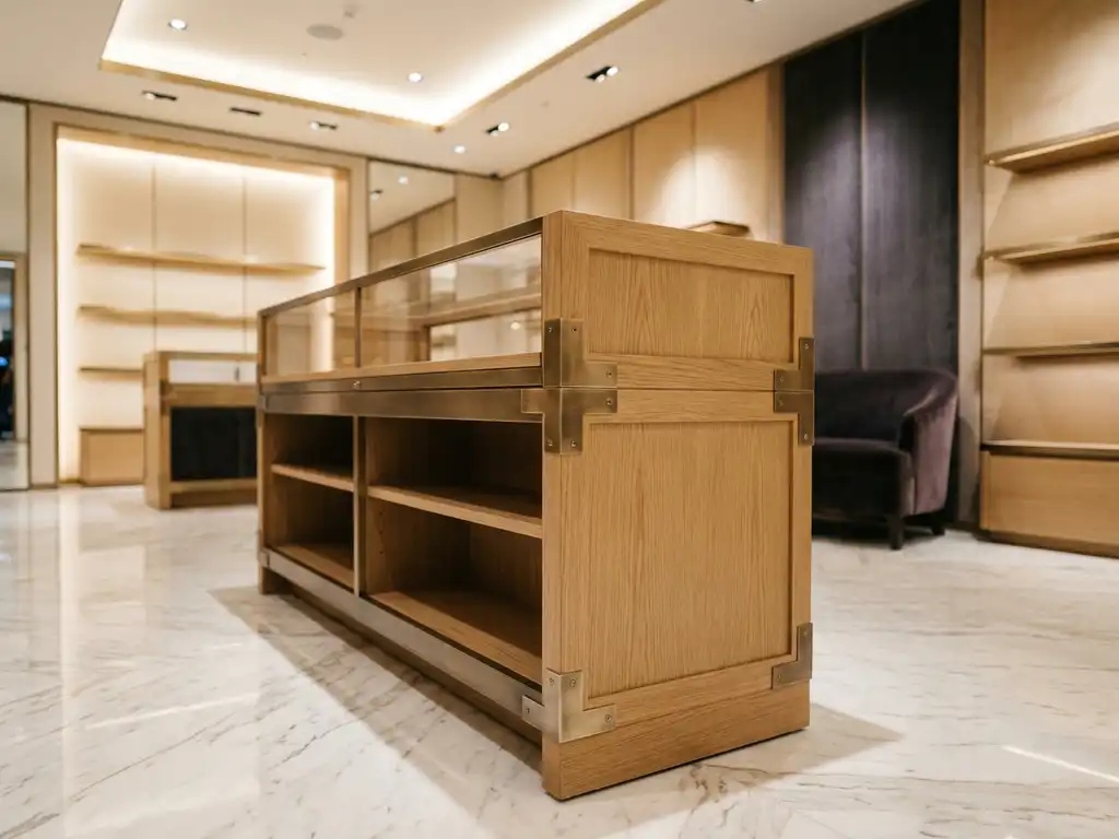 Freestanding luxury retail display unit with brushed metal joints and clean joinery on a polished marble floor.