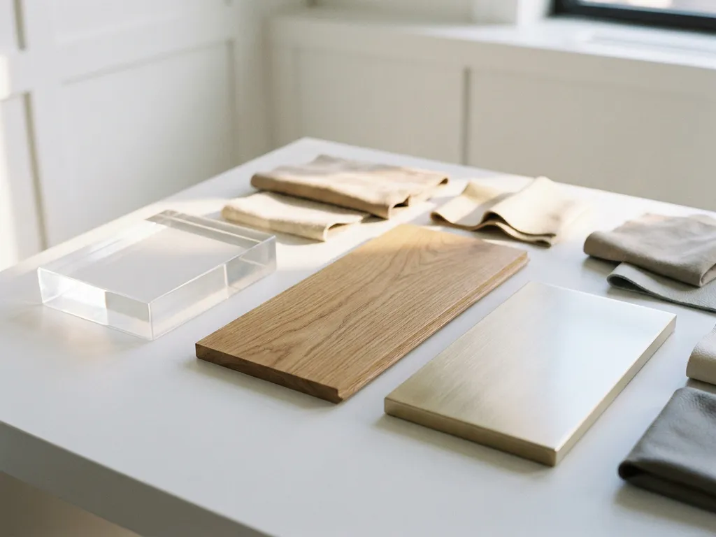 Polished acrylic, oak veneer, and brushed metal material swatches arranged on a white studio table with champagne gold accents and directional lighting.