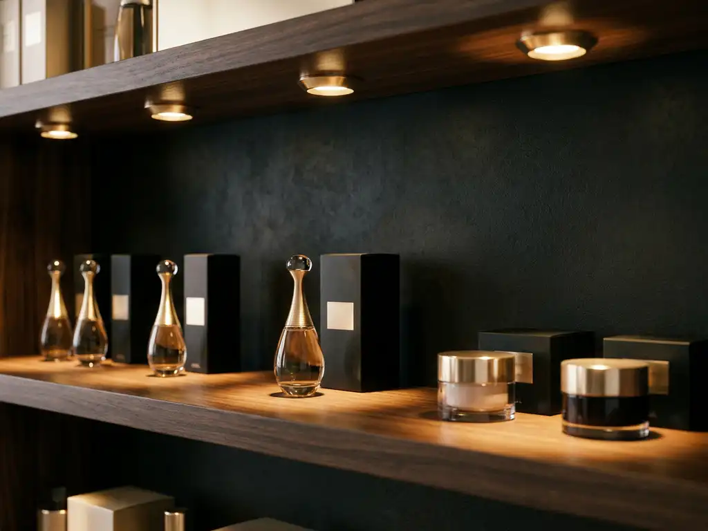 Luxury perfume bottles and cosmetics displayed on dark walnut shelving under warm golden spotlights with dramatic shadows.
