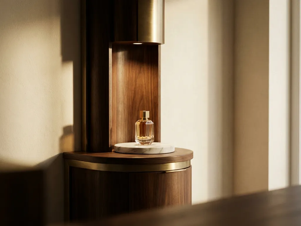 Luxury perfume bottle on marble plinth inside a polished dark walnut and brushed brass retail display fixture under warm spotlight.